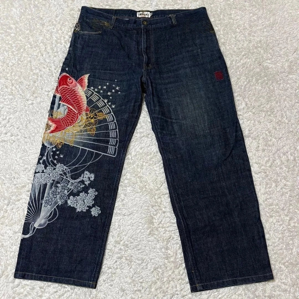 Vintage Japanese Selvedge Jeans Man Y2K High-end Brand Natural Indigo Dip Dyeing Harajuku Mopping Pants