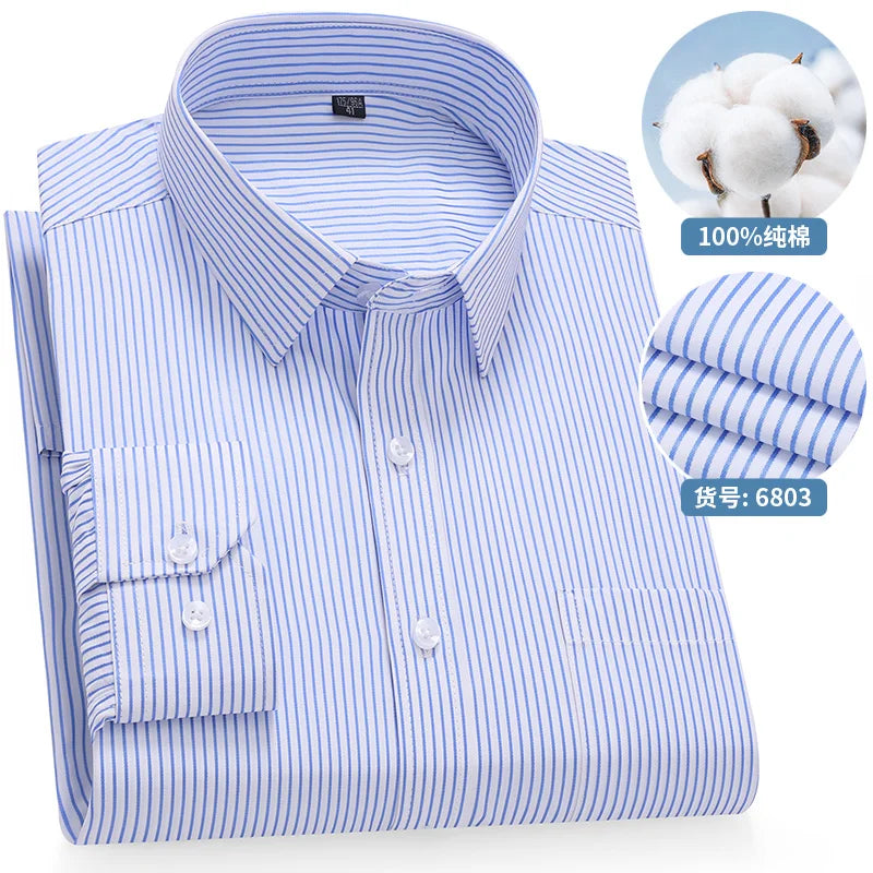 High Quality 100% Cotton Men's Shirts Long Sleeve Slim Fit Business Formal Striped  Shirt Social Male Clothing Plus Size 8XL 7XL