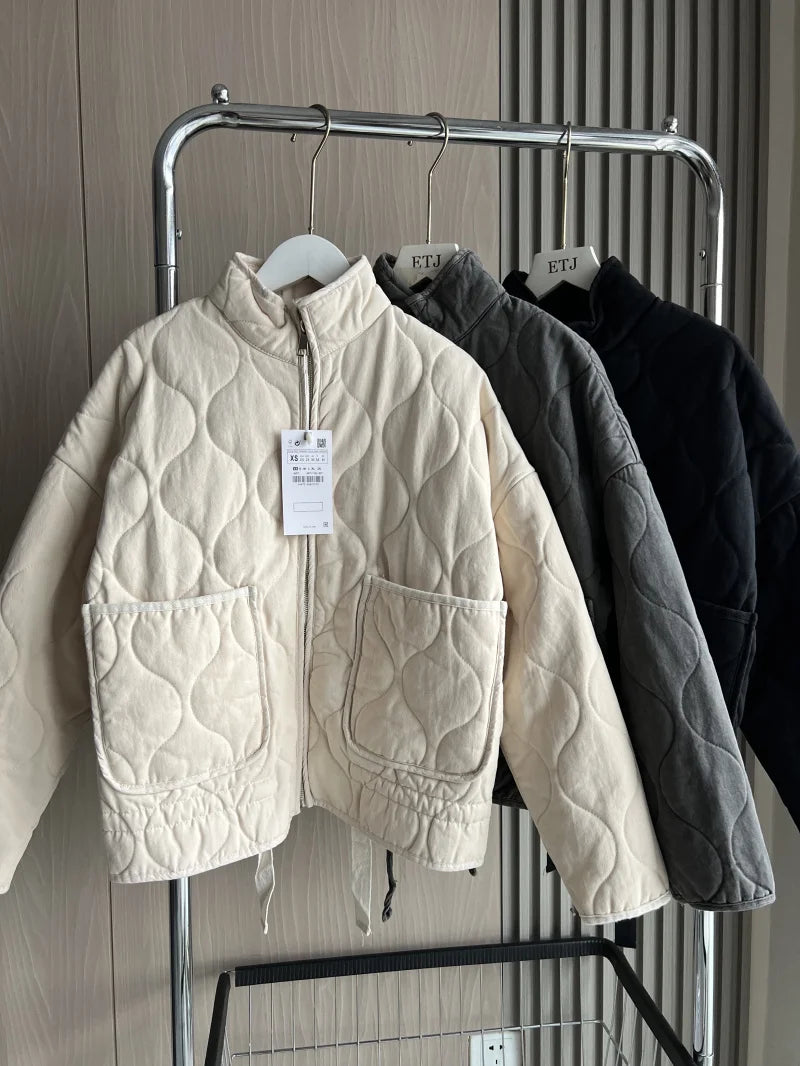 2025 New Women's Cotton Jacket  Loose Vintage High Collar Zipper Large Pocket Decorative Quilted Cotton Coat For Women