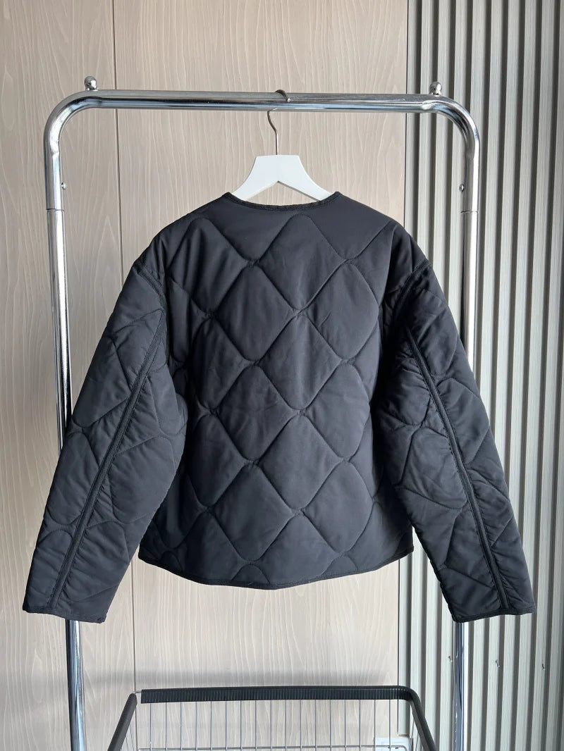 ETJ 2025  Spring new women's vintage crewneck quilted cotton-padded loose version of quilted casual jacket