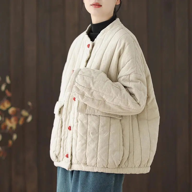 Cotton And Linen Women's Quilted Jacket 2026 New Spring Autumn Retro Chinese Style Short Thick Casual Padded Coat Top K2675