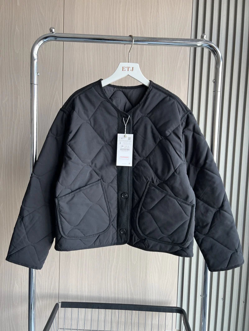 ETJ 2025  Spring new women's vintage crewneck quilted cotton-padded loose version of quilted casual jacket