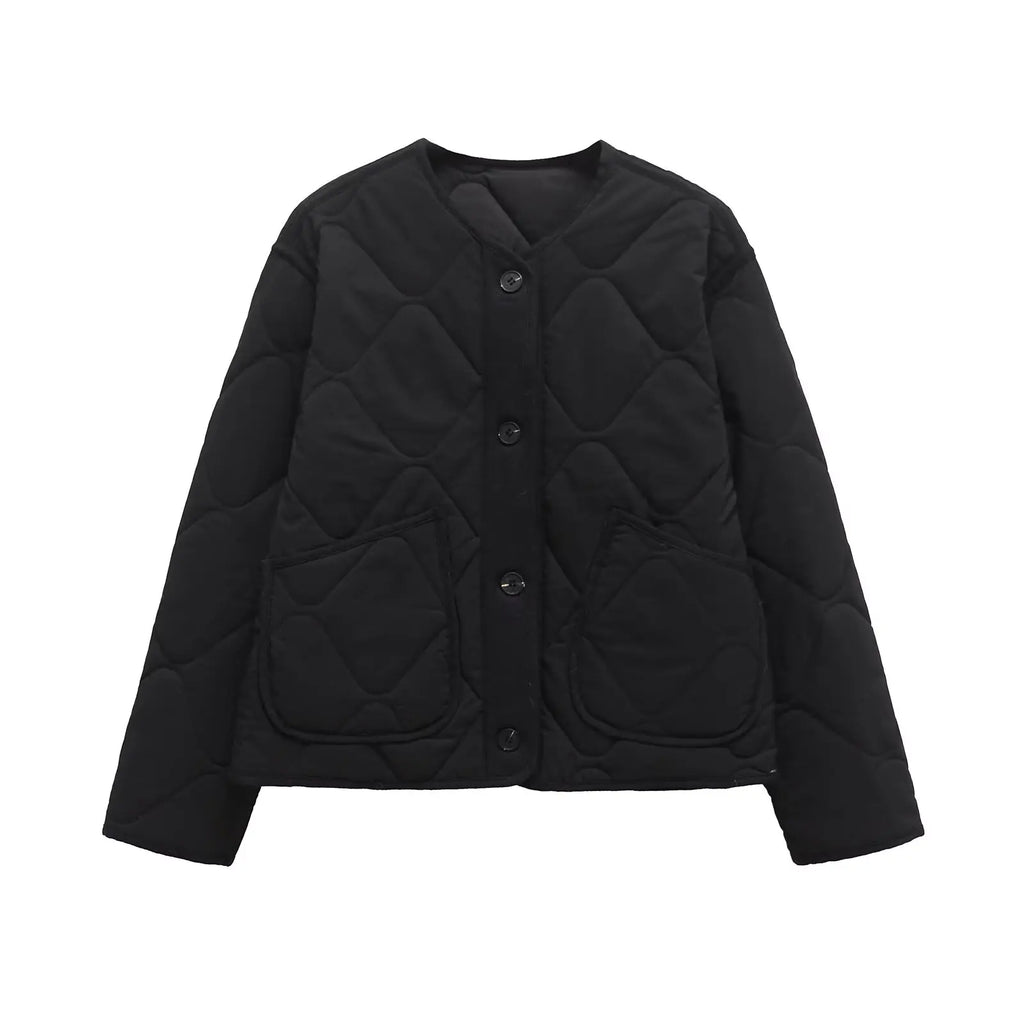 ETJ 2025  Spring new women's vintage crewneck quilted cotton-padded loose version of quilted casual jacket