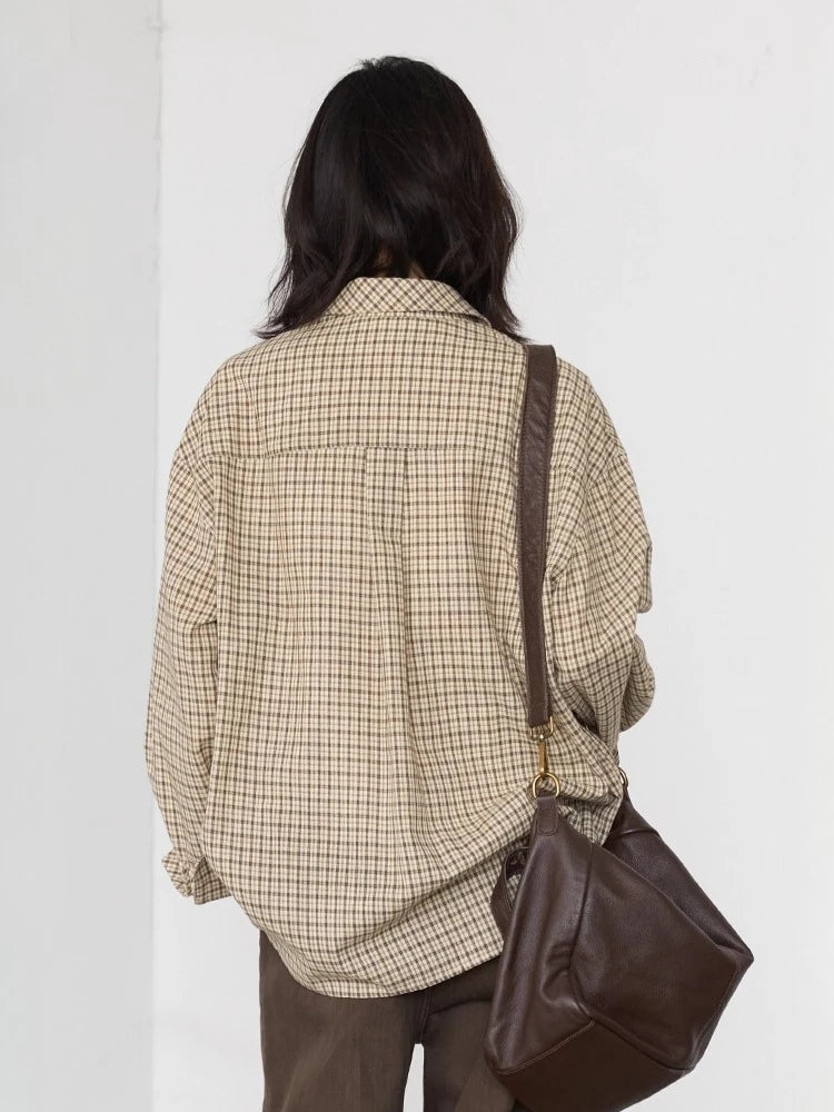 CHIC VEN Women Shirt Loose Casual Single-breasted New Retro Contrast Plaid Embroidered Blouses Female Top Autumn Winter 2025