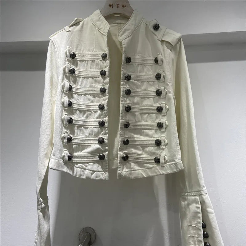Spring Autumn Vintage Blue Slim Short Jeans Jacket Women Stand Collar Multi-breasted Design Long Sleeve Denim Jacket  Streetwear