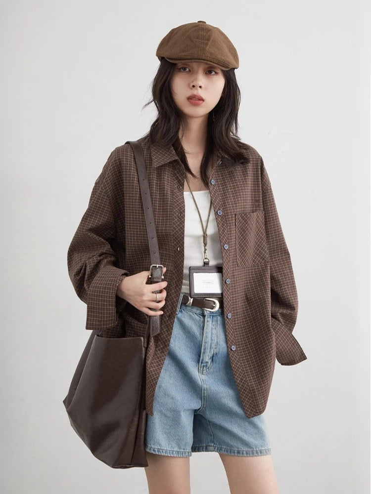 CHIC VEN Women Shirt Loose Casual Single-breasted New Retro Contrast Plaid Embroidered Blouses Female Top Autumn Winter 2025