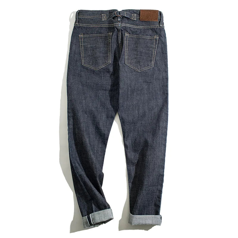 Maden Vintage 14oz Selvedge Raw Denim Jeans Horsehair Leather Patch Straight Fit Jeans Men's Spring and fall Paris Buckle Pants