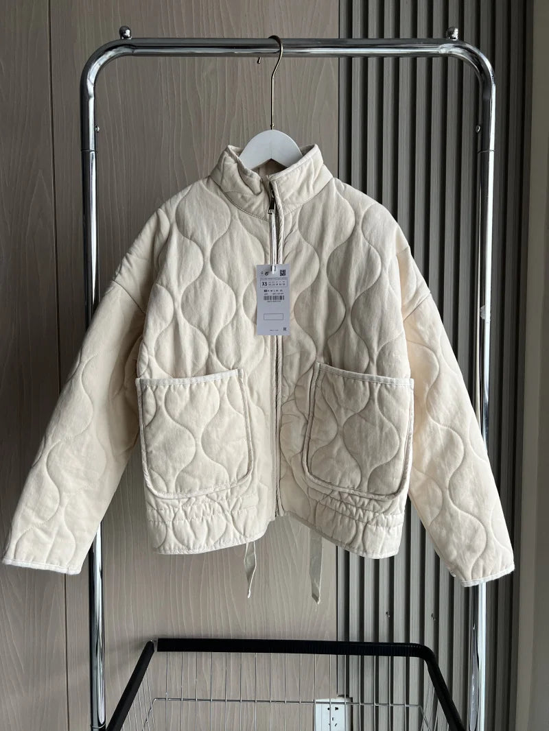 2025 New Women's Cotton Jacket  Loose Vintage High Collar Zipper Large Pocket Decorative Quilted Cotton Coat For Women