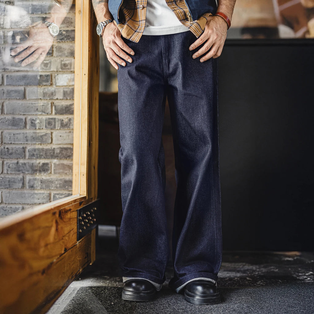 Maden Vintage Men's 15.6oz Selvedge Raw Denim Jeans Wide Leg Trousers with YKK Zipper Fly Straight Fit Jeans for Fall and Winter