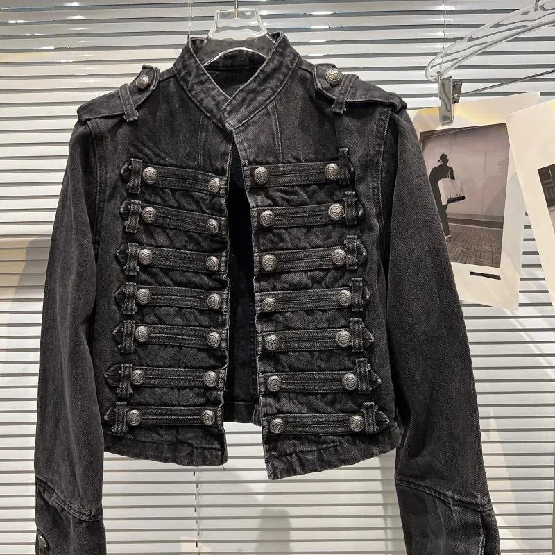 Spring Autumn Vintage Blue Slim Short Jeans Jacket Women Stand Collar Multi-breasted Design Long Sleeve Denim Jacket  Streetwear