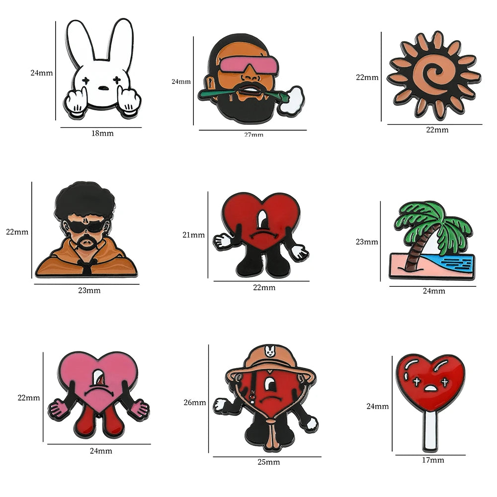 Rapper Bad Bunny Metal Enamel Brooch Bad Rabbit Red Heart Lapel Pins for Backpack Denim Jacket Badges Accessories Jewelry