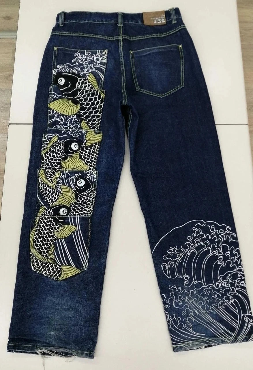 Vintage Japanese Selvedge Jeans Man Y2K High-end Brand Natural Indigo Dip Dyeing Harajuku Mopping Pants