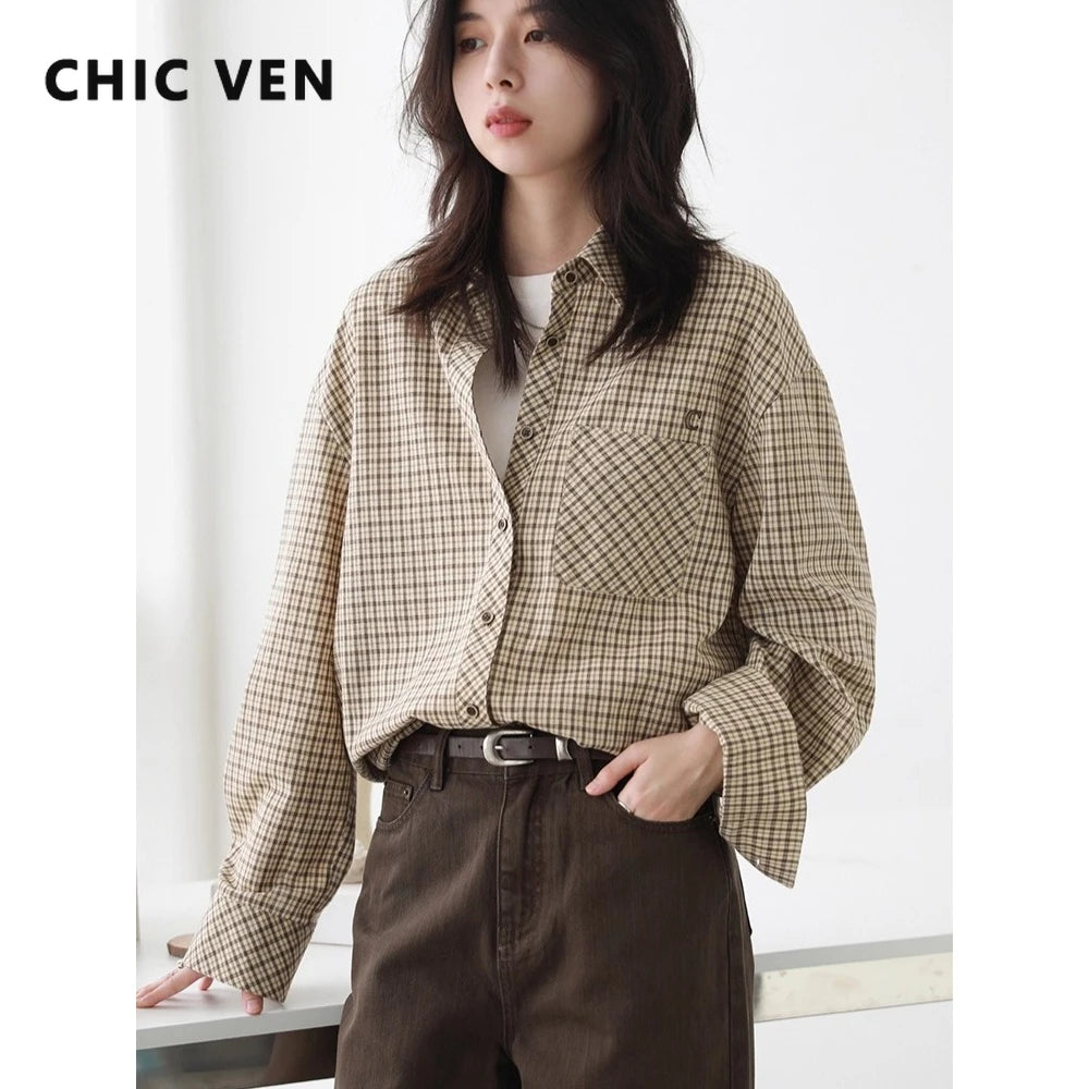 CHIC VEN Women Shirt Loose Casual Single-breasted New Retro Contrast Plaid Embroidered Blouses Female Top Autumn Winter 2025