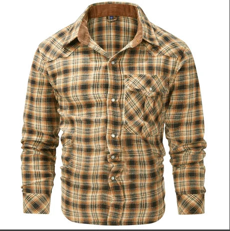 Men's Shirts Spring Flannel Long Sleeve Plaid Checkered Brushed Casual Western Cowboy Pearl Snap Shirt Popular Clothes US Size