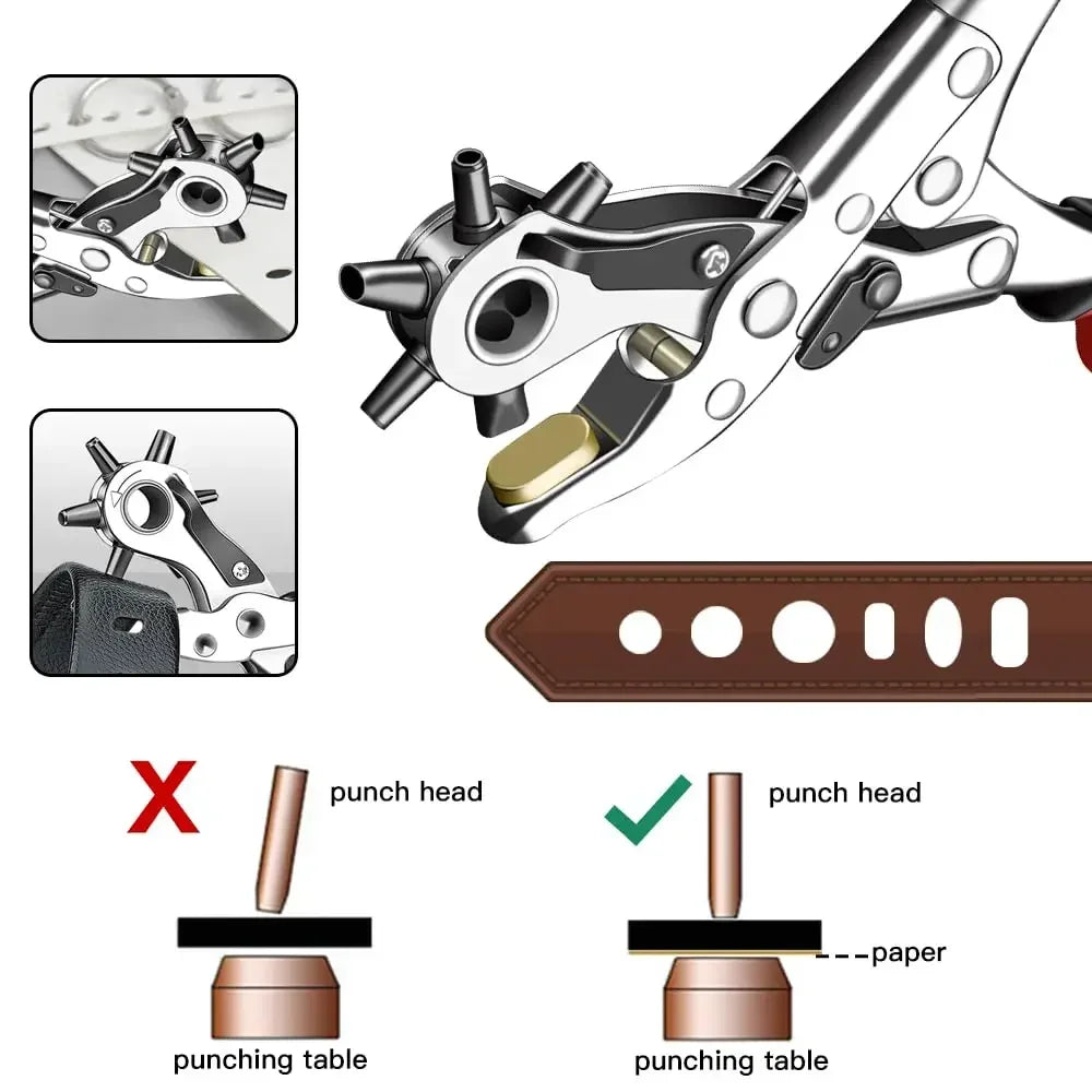 6-Size Rotary Leather Punch - Heavy Duty Belt Hole Puncher Tool w for DIY Crafting & Leatherworking Kits