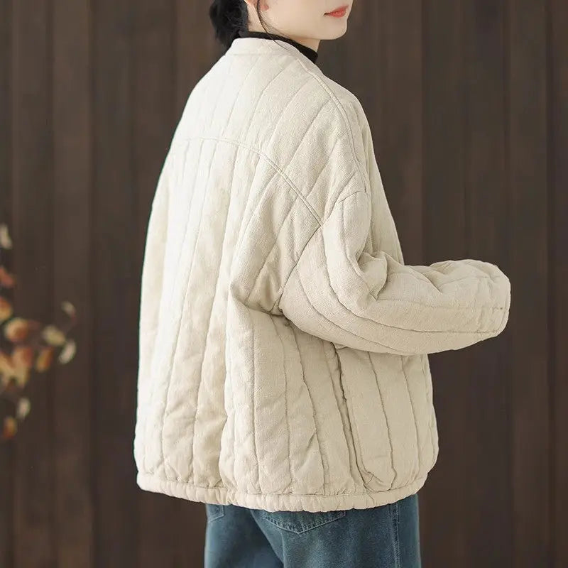 Cotton And Linen Women's Quilted Jacket 2026 New Spring Autumn Retro Chinese Style Short Thick Casual Padded Coat Top K2675