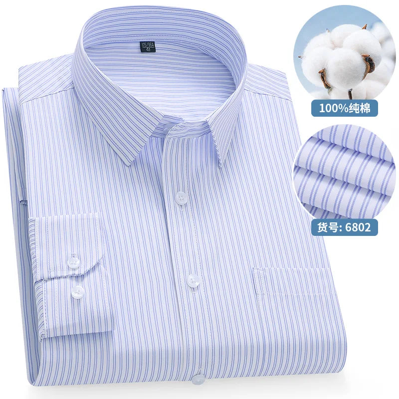 High Quality 100% Cotton Men's Shirts Long Sleeve Slim Fit Business Formal Striped  Shirt Social Male Clothing Plus Size 8XL 7XL