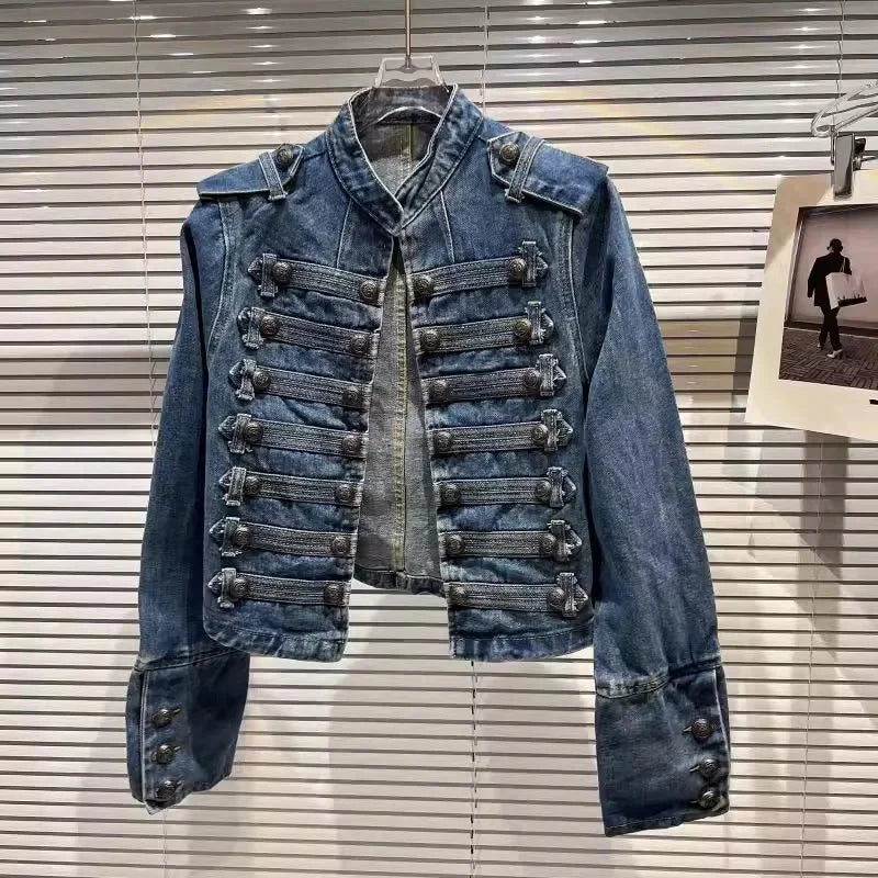 Spring Autumn Vintage Blue Slim Short Jeans Jacket Women Stand Collar Multi-breasted Design Long Sleeve Denim Jacket  Streetwear
