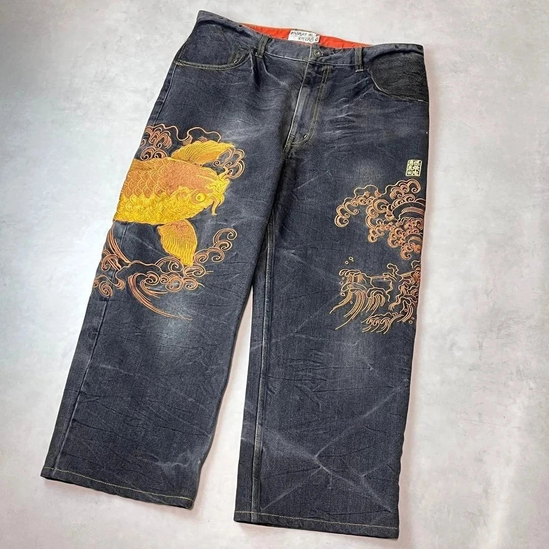 Vintage Japanese Selvedge Jeans Man Y2K High-end Brand Natural Indigo Dip Dyeing Harajuku Mopping Pants