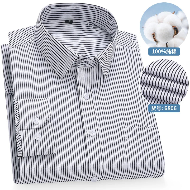 High Quality 100% Cotton Men's Shirts Long Sleeve Slim Fit Business Formal Striped  Shirt Social Male Clothing Plus Size 8XL 7XL