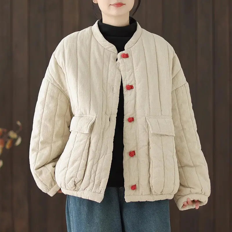 Cotton And Linen Women's Quilted Jacket 2026 New Spring Autumn Retro Chinese Style Short Thick Casual Padded Coat Top K2675