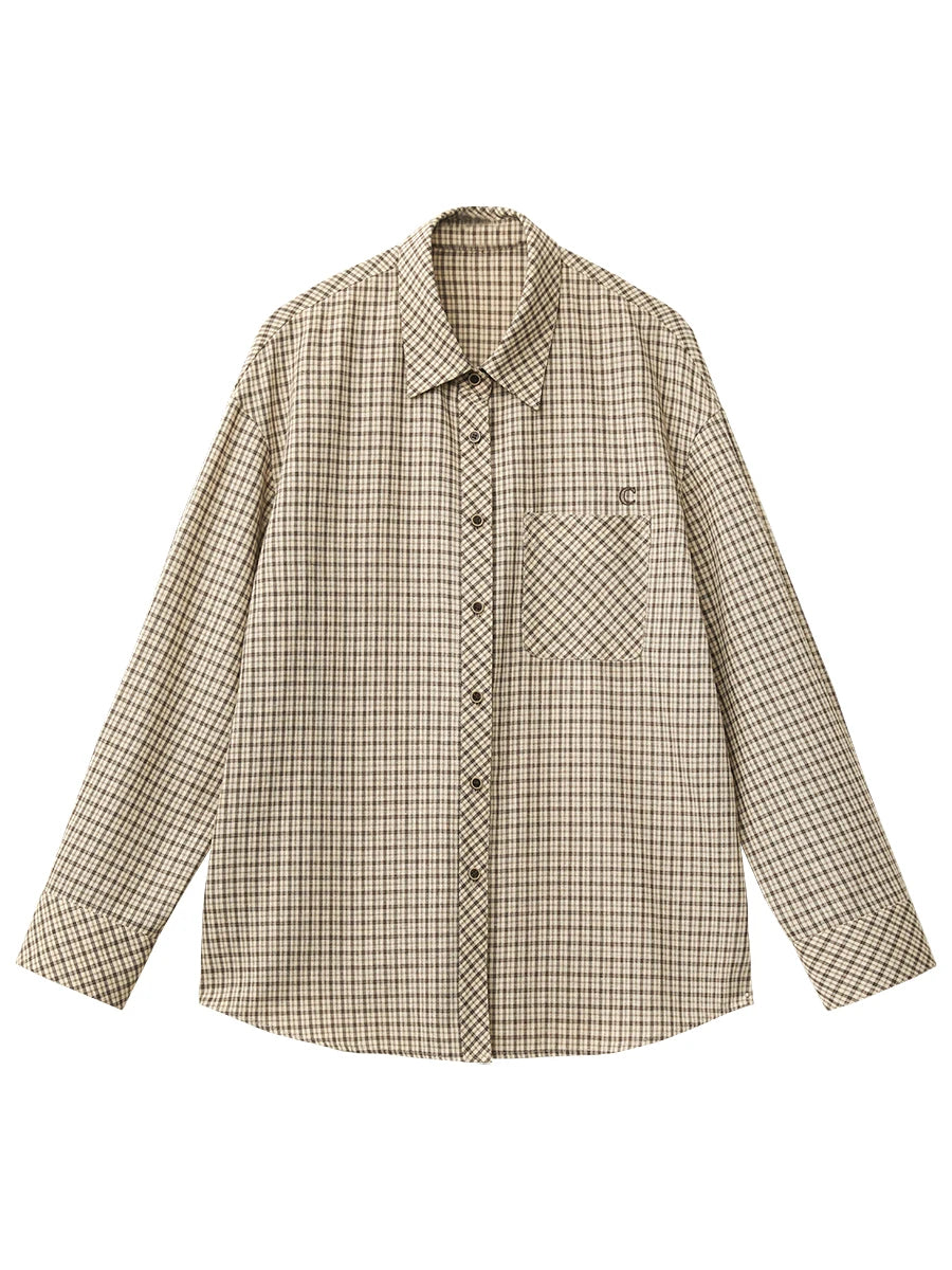 CHIC VEN Women Shirt Loose Casual Single-breasted New Retro Contrast Plaid Embroidered Blouses Female Top Autumn Winter 2025