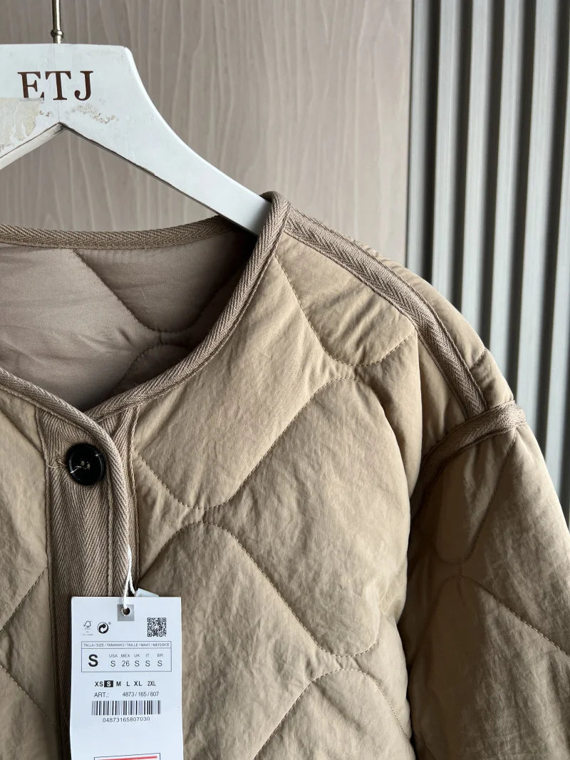 ETJ 2025  Spring new women's vintage crewneck quilted cotton-padded loose version of quilted casual jacket