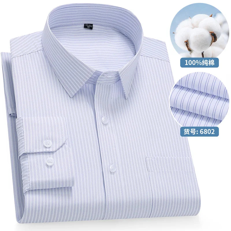 High Quality 100% Cotton Men's Shirts Long Sleeve Slim Fit Business Formal Striped  Shirt Social Male Clothing Plus Size 8XL 7XL