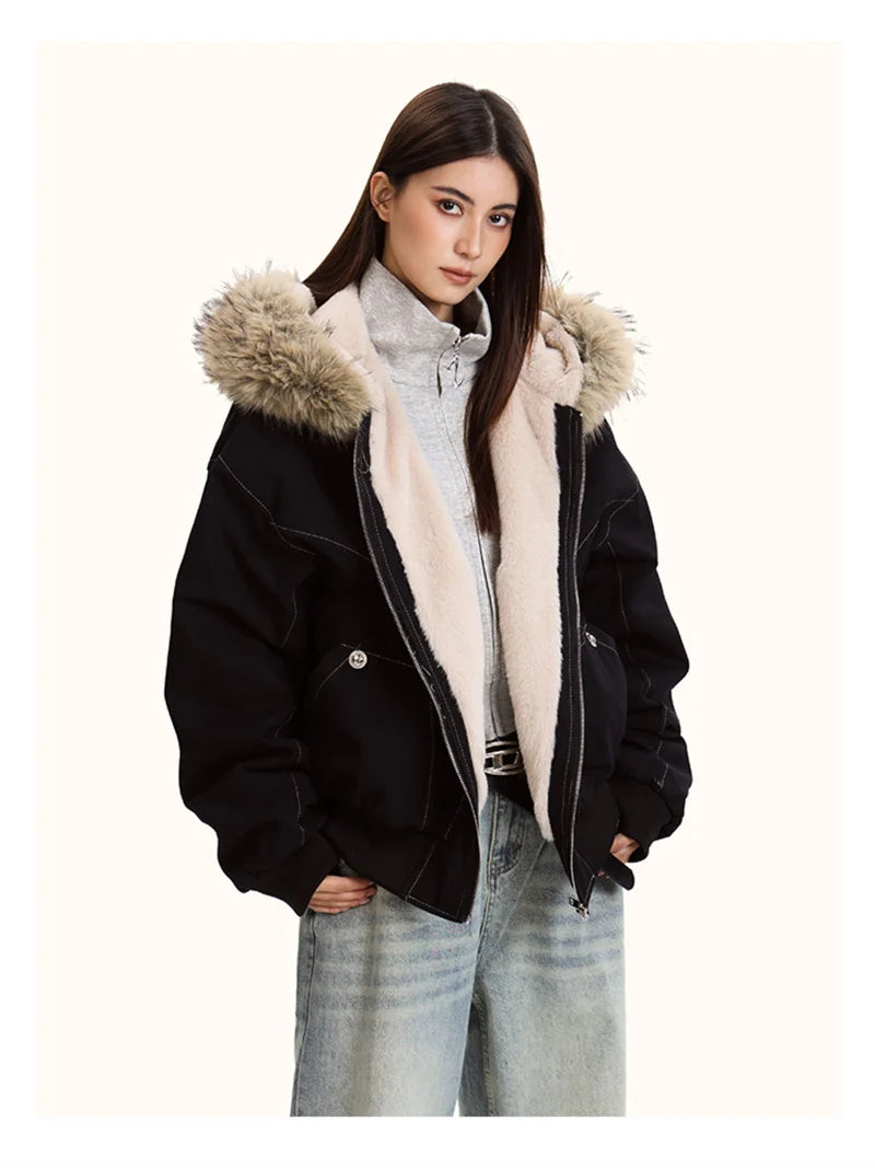 ZAROY Fur Collar Hooded Parkas Y2k Harajuku Thicken Padded Jackets Casual Zipper Gothic Women&Men Winter Coats Streetwear кур