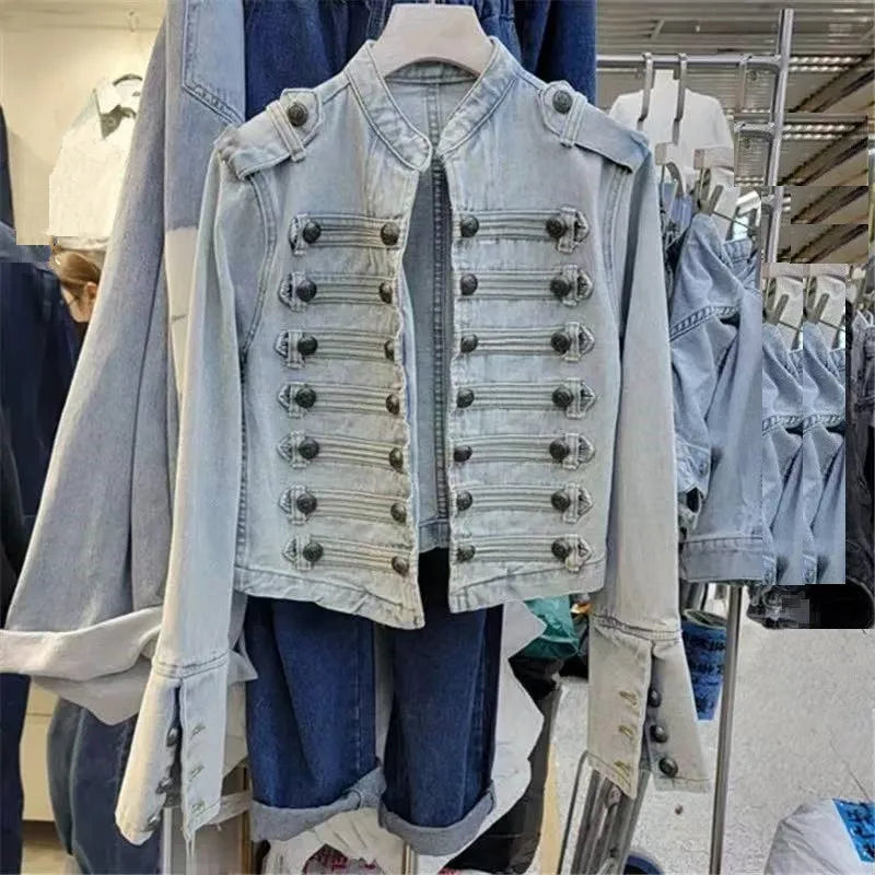 Spring Autumn Vintage Blue Slim Short Jeans Jacket Women Stand Collar Multi-breasted Design Long Sleeve Denim Jacket  Streetwear