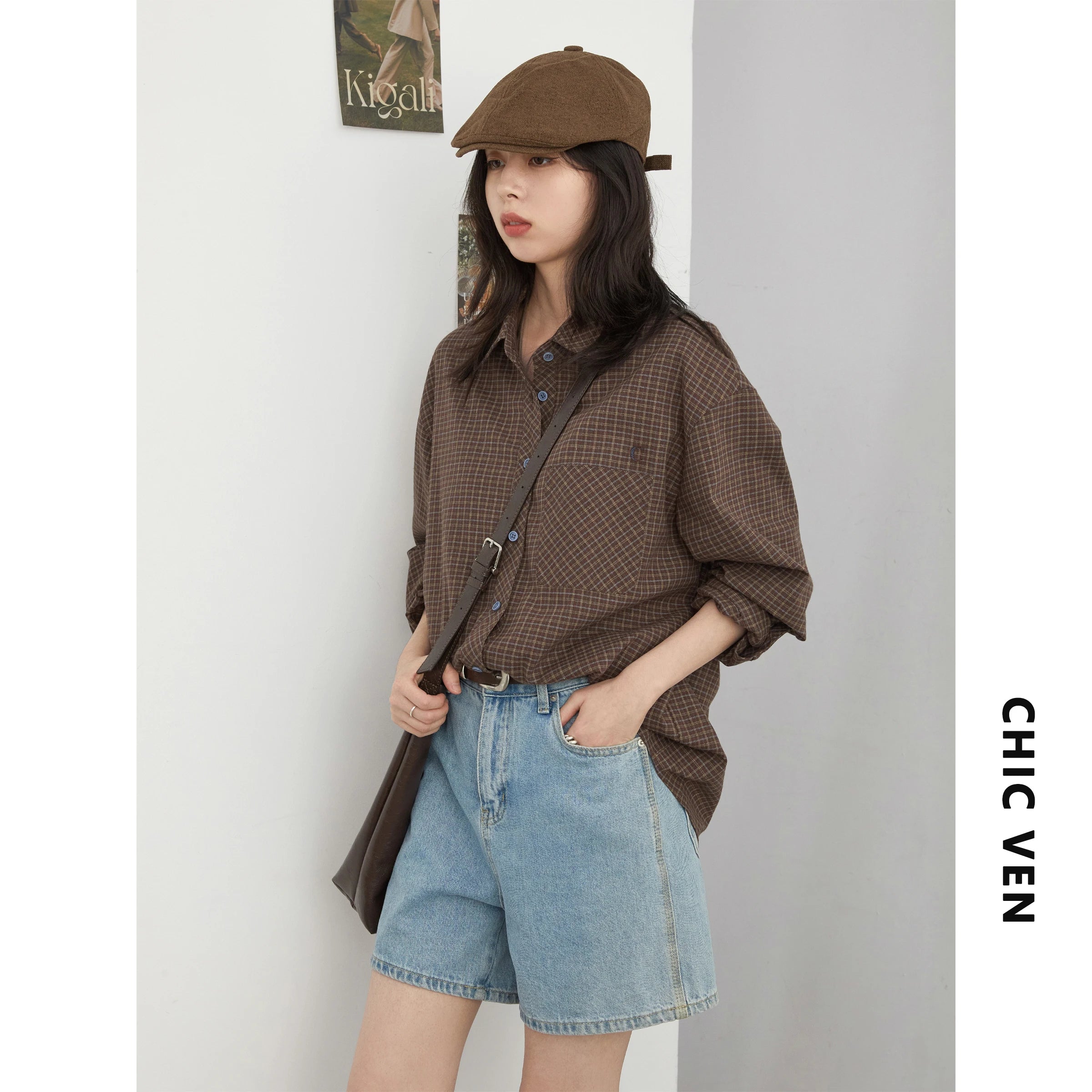 CHIC VEN Women Shirt Loose Casual Single-breasted New Retro Contrast Plaid Embroidered Blouses Female Top Autumn Winter 2025