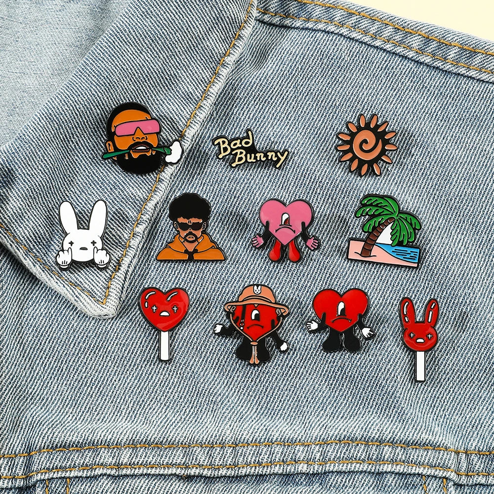 Rapper Bad Bunny Metal Enamel Brooch Bad Rabbit Red Heart Lapel Pins for Backpack Denim Jacket Badges Accessories Jewelry