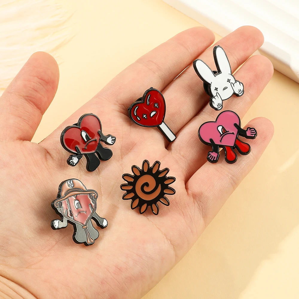 Rapper Bad Bunny Metal Enamel Brooch Bad Rabbit Red Heart Lapel Pins for Backpack Denim Jacket Badges Accessories Jewelry