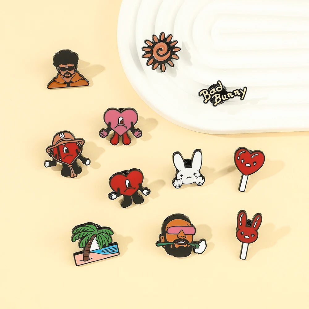 Rapper Bad Bunny Metal Enamel Brooch Bad Rabbit Red Heart Lapel Pins for Backpack Denim Jacket Badges Accessories Jewelry