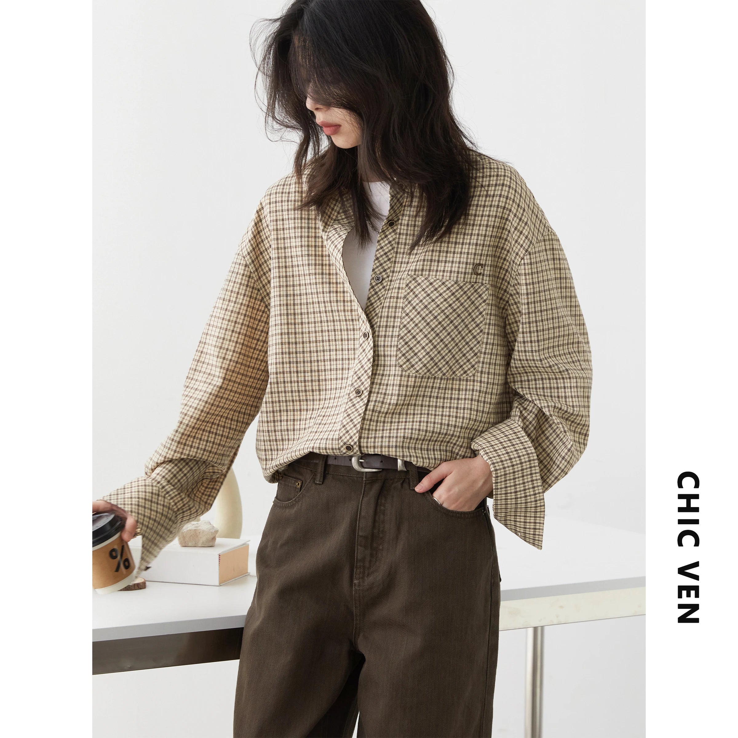 CHIC VEN Women Shirt Loose Casual Single-breasted New Retro Contrast Plaid Embroidered Blouses Female Top Autumn Winter 2025