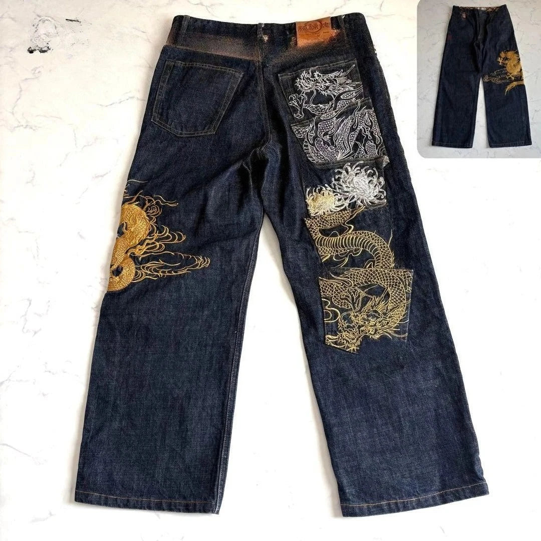 Vintage Japanese Selvedge Jeans Man Y2K High-end Brand Natural Indigo Dip Dyeing Harajuku Mopping Pants