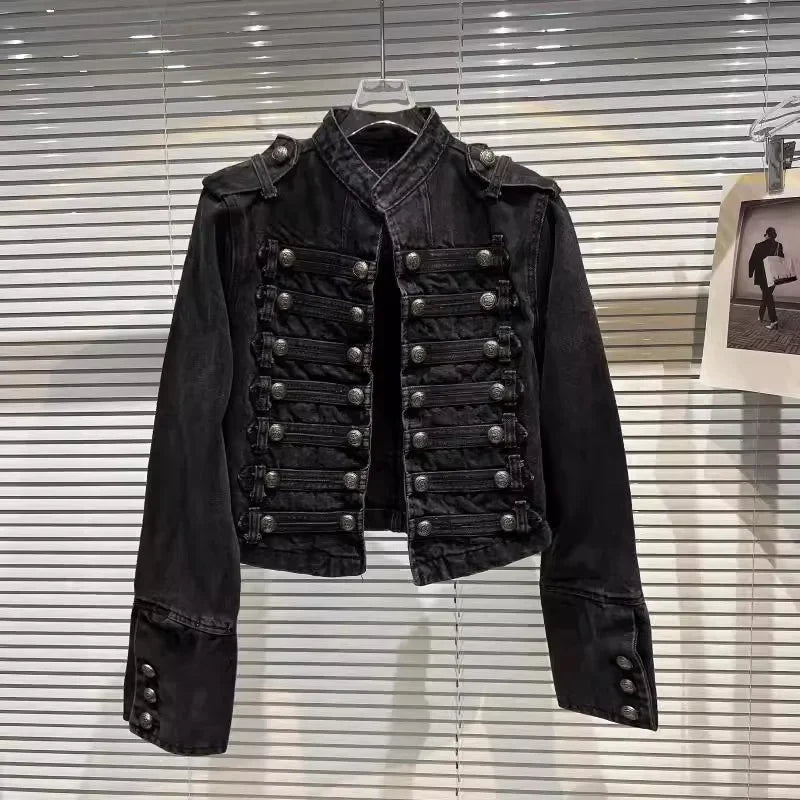 Spring Autumn Vintage Blue Slim Short Jeans Jacket Women Stand Collar Multi-breasted Design Long Sleeve Denim Jacket  Streetwear