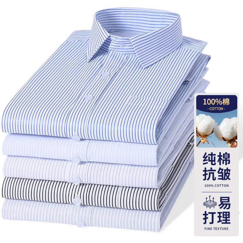 High Quality 100% Cotton Men's Shirts Long Sleeve Slim Fit Business Formal Striped  Shirt Social Male Clothing Plus Size 8XL 7XL