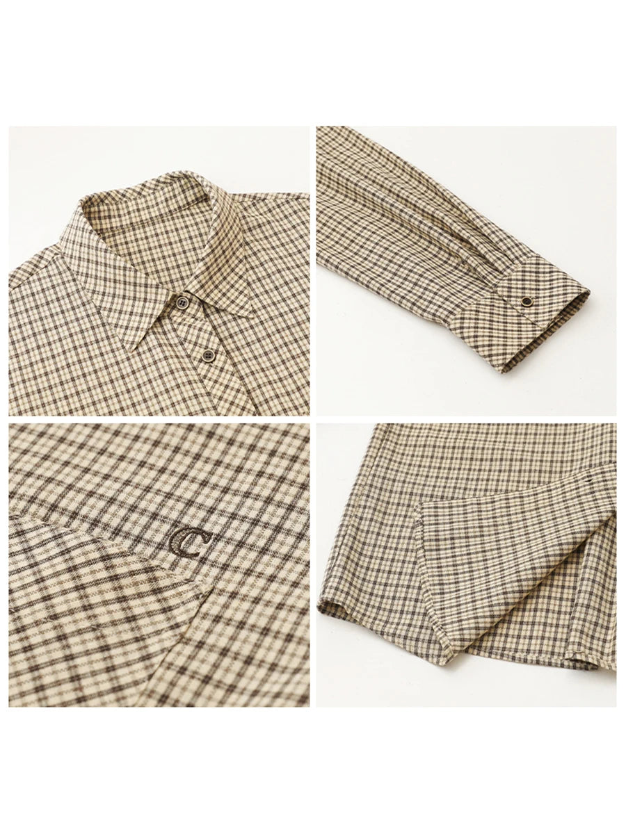 CHIC VEN Women Shirt Loose Casual Single-breasted New Retro Contrast Plaid Embroidered Blouses Female Top Autumn Winter 2025